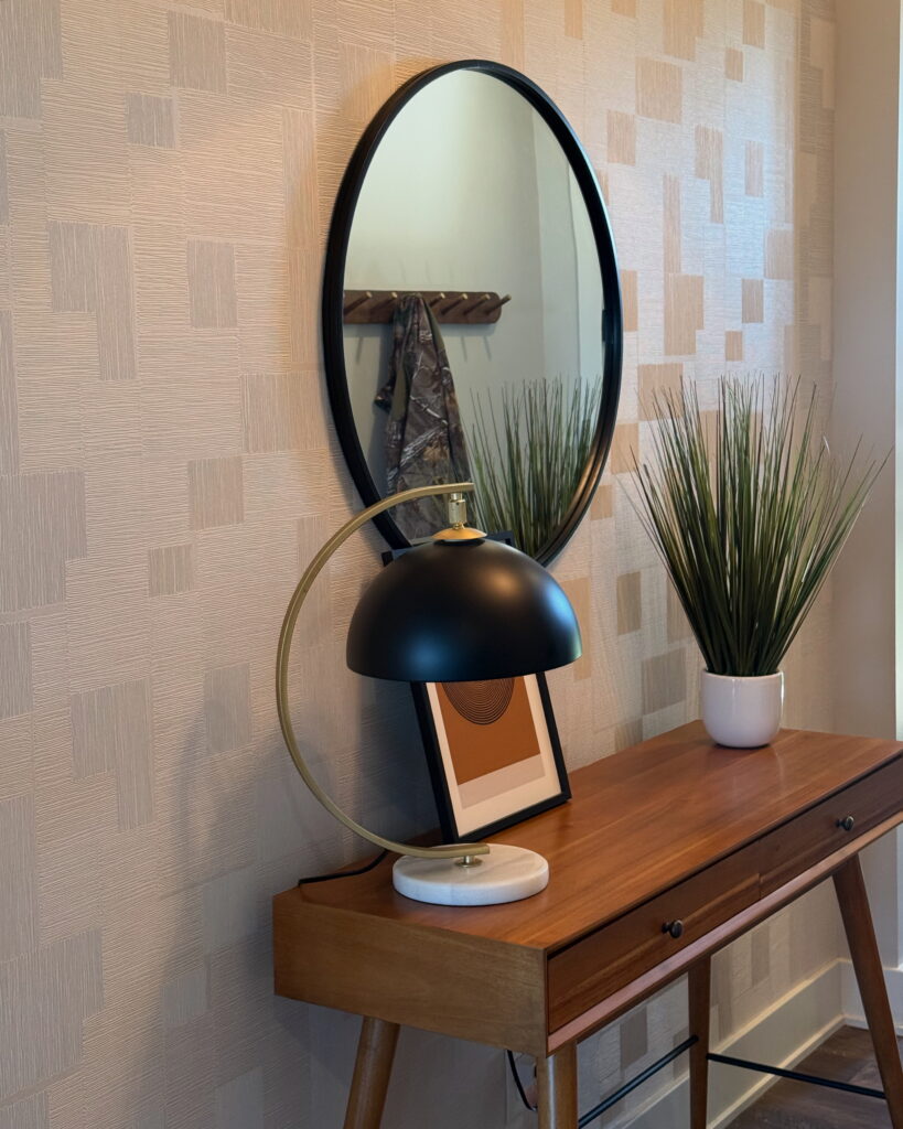 rooted-interior-design-wichita-ks-wallpaper-tips-entryway-hallway-with-gray-color-palette-soft-patterned wallpaper-calming-room-thoughtful-virtual-interior-design