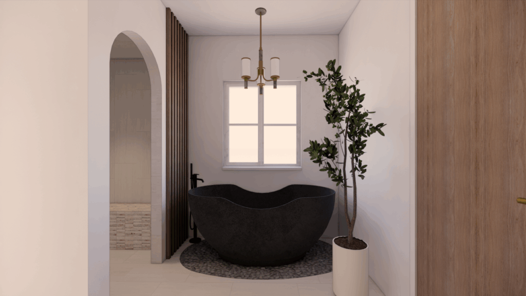rooted-interior-design-maize-ks-2025-year-in-review-modern-bathroom-black-soaking-tub-by-window-with-plant-sophisticated