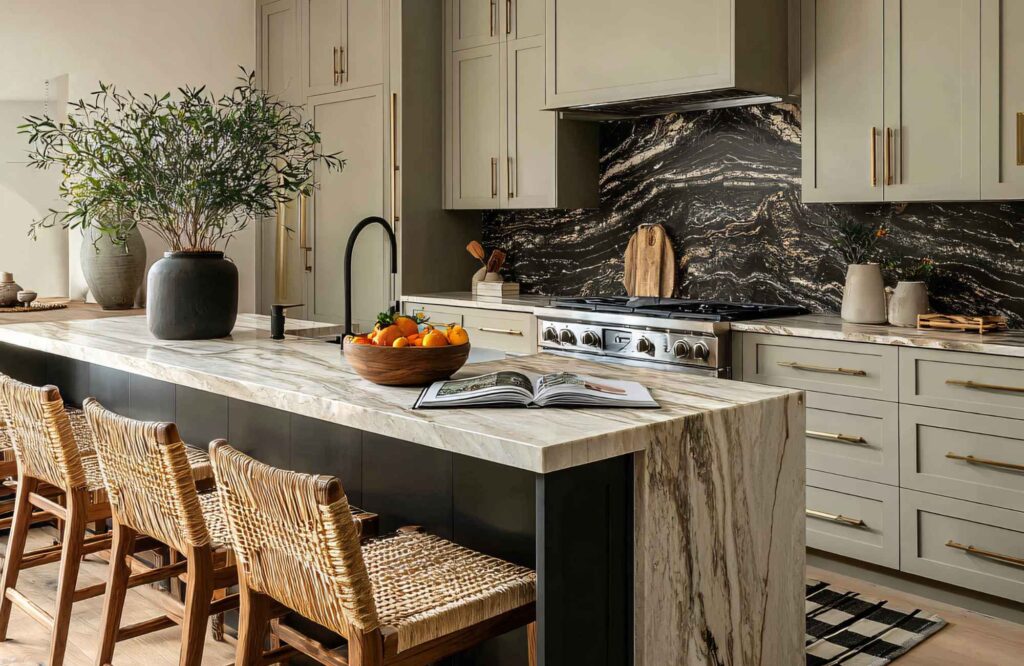 full-service-interior-design-newton-ks-open-vs-closed-floor-plans-renovated-kitchen-waterfall-island-woven-bar-stools-slab-backsplash-stylish