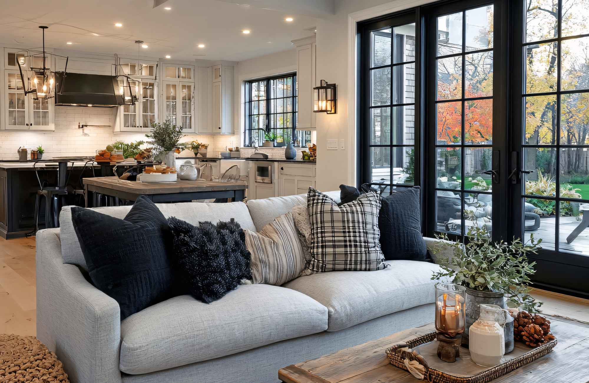 rooted-interior-design-eastborough-ks-open-vs-closed-floor-plan-open-concept-home-living-room-view-of-kitchen-black-window-casings-custom-furnishings