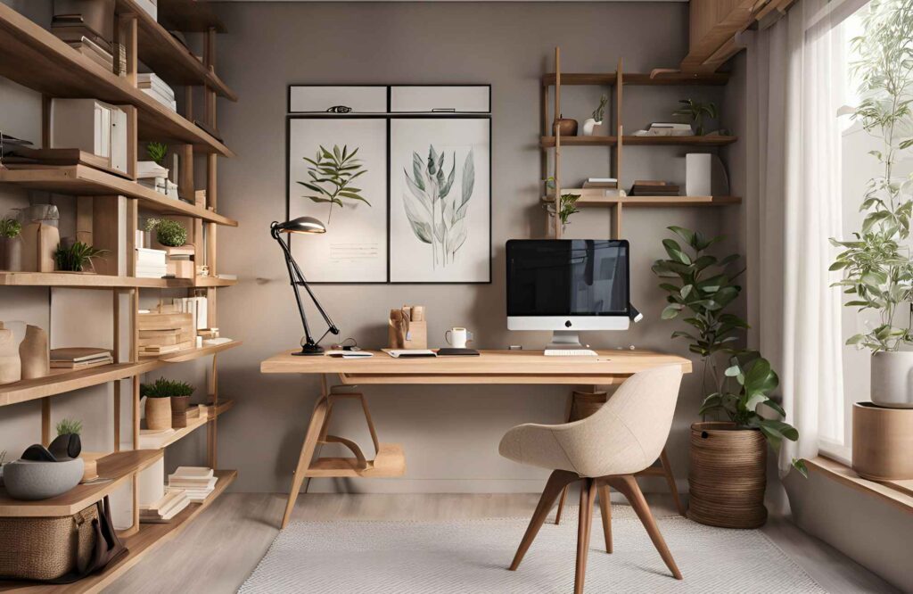 rooted-interior-design-wichita-ks-working-with-an-interior-designer-home-office-earth-tones-open-shelves-plant-inspired-art-thoughtful-space-planning