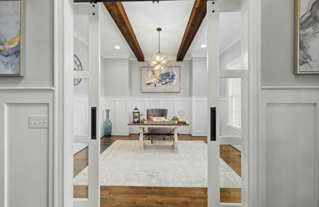 full-service-interior-designer-andover-ks-custom-home-design-home-office-sliding-doors-ceiling-beams-bright-light-stylish-design-intensive